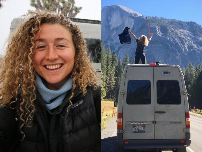 Kaya Lindsay smiling selfie on the left, Kaya Lindsay standing on top of a van with the mountain in the background on the right