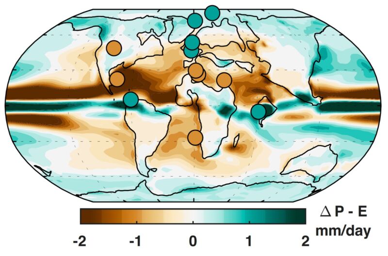 World map of precipitation change due to warming 56 million years ago: green = wetter, brown = drier.  Circles show where geological data shows that it has become drier or wetter, verifying the new results.