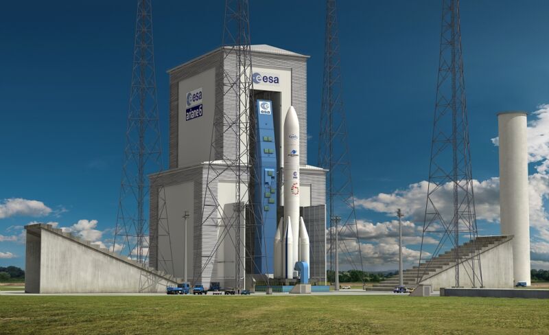 Artistic representation of the configuration of Ariane 6 with four boosters on the ELA-4 launch pad along with its mobile gantry.  We'll have to wait a while to see the flight hardware.