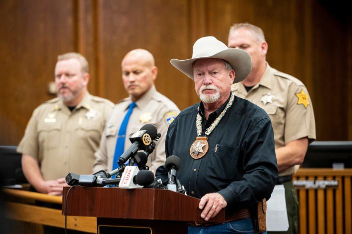 Merced County Sheriff Vern Warnke is pictured at a press conference about the kidnapping of a family in Merced, California.  All four of the family's bodies were found dead at the end of Wednesday, authorities confirmed.