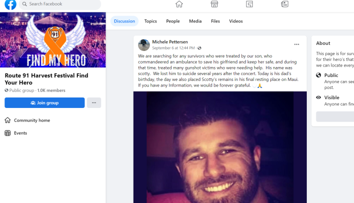 In this Facebook post, Scotty Pettersen asks for help tracking down anyone who may have helped save their son during the October 1, 2017 mass shooting that killed 58 people at a music festival in Las Vegas.