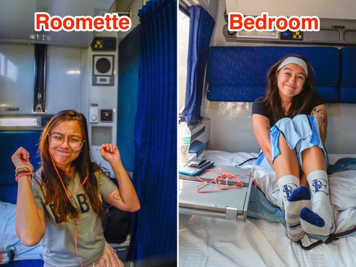 The author hangs out in a room (L) and a bedroom (R) on Amtrak trains