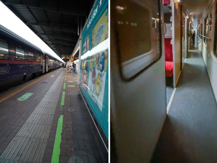 Inside (L) and outside (R) the Nightjet train.