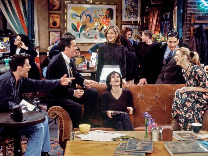 Clockwise from left: Matt LeBlanc as Joey Tribbiani, Matthew Perry as Chandler Bing, Jennifer Aniston as Rachel Green, David Schwimmer as Ross Geller, Chris Isaak as Rob Donnen, Lisa Kudrow as Phoebe Buffay and Courteney Cox as Monica Geller in season two of "friends."