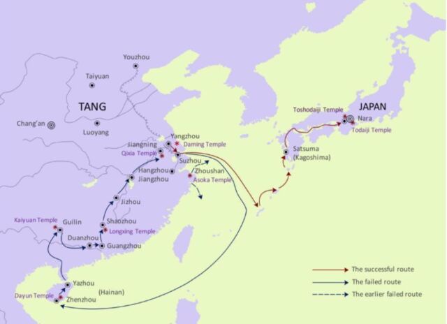A map of Jianzhen's six attempts at traveling to Japan. 