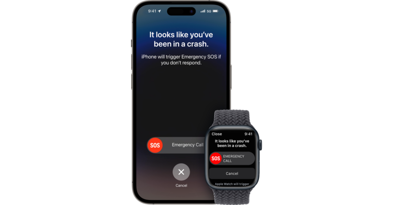 An iPhone and Apple Watch with the crash detection feature.