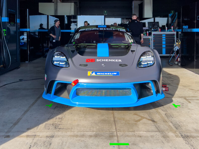 The outward indications that this is a Porsche 718 GT4 ePerformance and not a 718 GT4 Clubsport are subtle;  it's 140mm (5.5in) wider and the headlamp projectors look more like a Taycan than a Cayman.  But it's an all-electric car with over a thousand horsepower on tap.