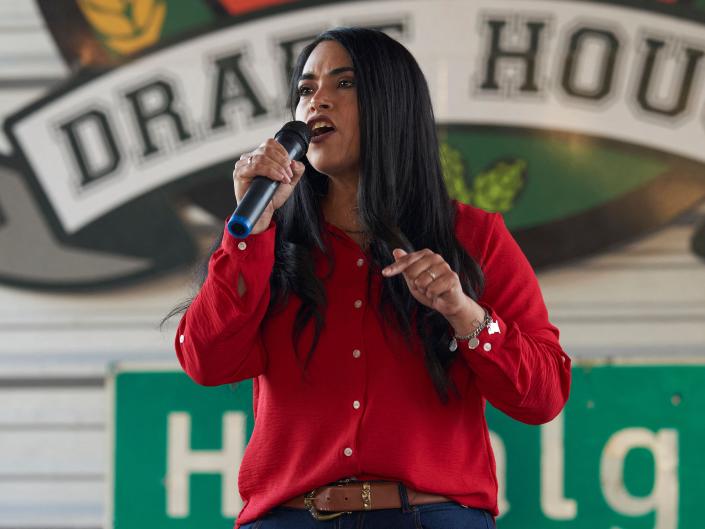Texas Republican Representative Mayra Flores, who is running for reelection, speaks at a campaign event on October 10, 2022 at the University Drafthouse in McAllen, Texas.