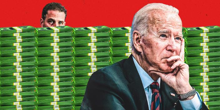 Hunter Biden looks over a wall of money.  Joe Biden is in the front and don't mind him.  The background is red.