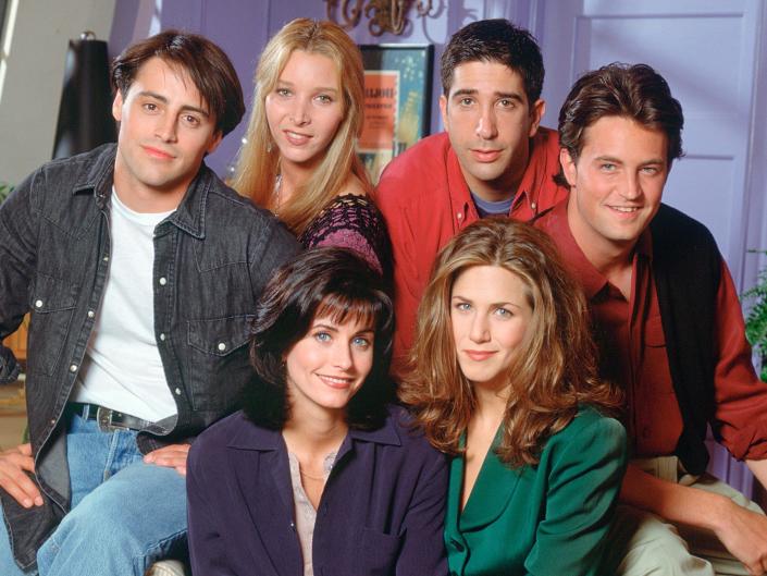 Clockwise from left: Matt LeBlanc, Lisa Kudrow, David Schwimmer, Matthew Perry, Jennifer Aniston and Courteney Cox on the set of season one of "friends."