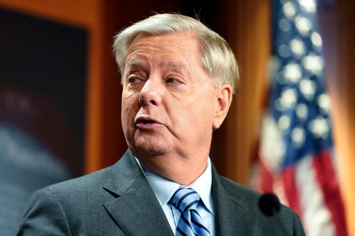 sen.  Lindsey Graham, RS.C., speaks at a press conference on denying Russia's annexation of any part of Ukraine, Thursday, September 29, 2022, on Capitol Hill in Washington.  (AP Photo/Mariam Zuhaib) ORG XMIT: DCMZ502