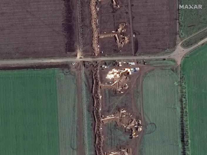 Close-up of Russian trenches, fortifications and tank obstacles in Velyka Blahovischenka, Ukraine, captured on November 15, 2022.