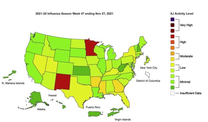 map - mostly green and yellow, with ili activity in 2021