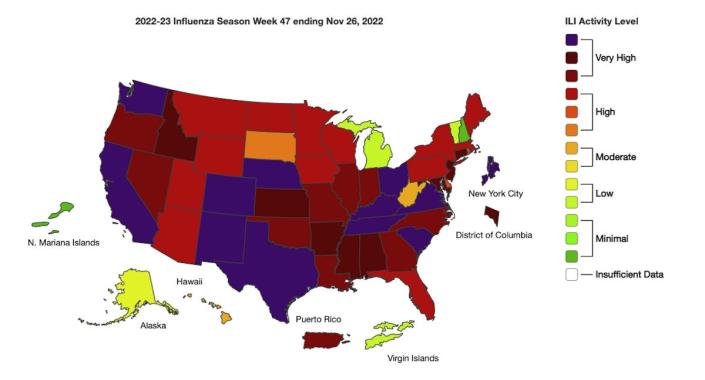 map of the US with high flu activity in most states
