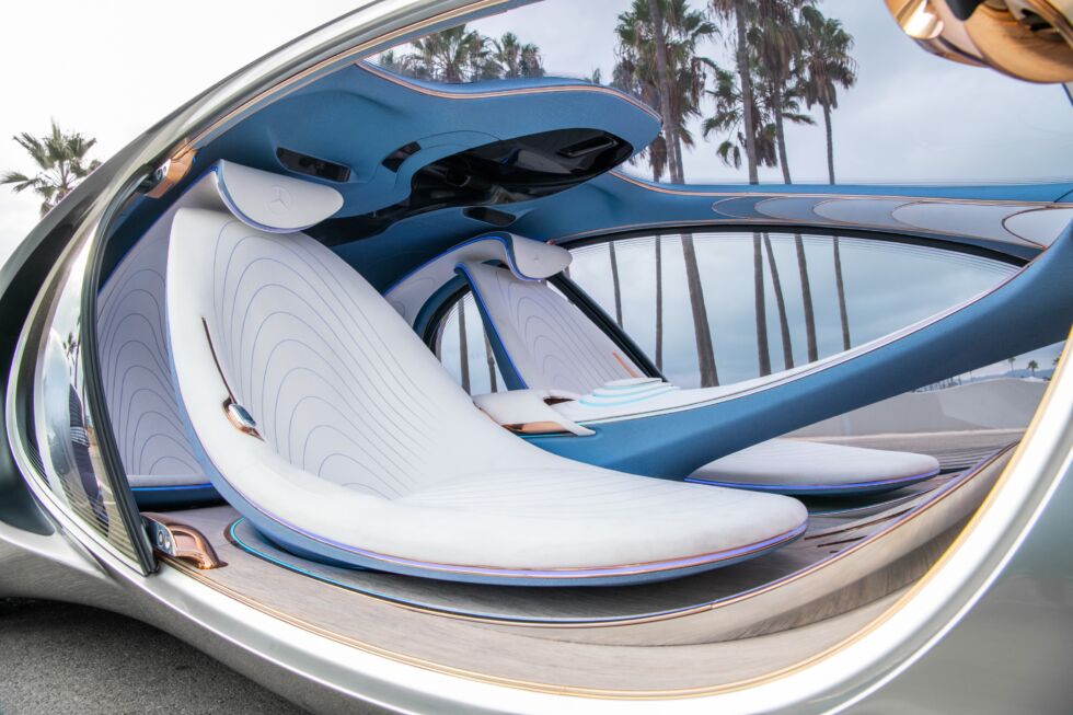 The AVTR's interior design can be found in recent production EVs from Mercedes, such as the EQS and EQE.