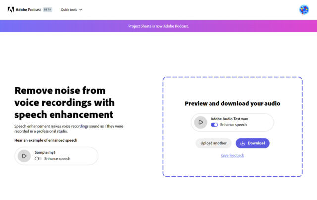 Enhance Speech allows uploading of MP3 or WAV files up to 1 GB in size or one hour long.