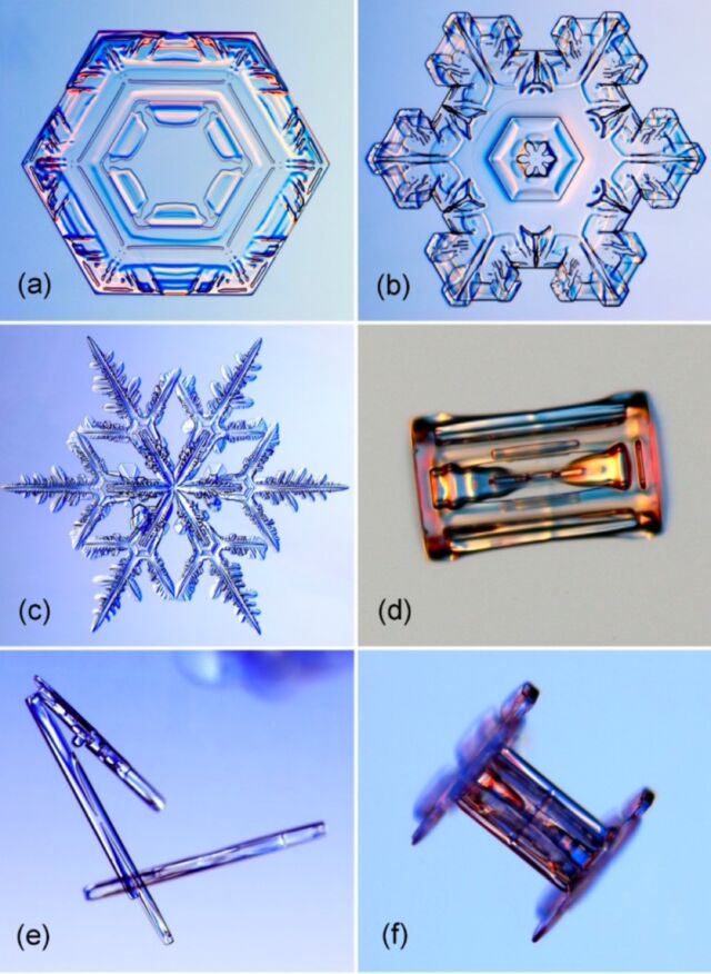 Examples of snowflakes with different shapes: (a) a simple plate, (b) a stellar plate, (c) a stellar dendrite, (d) a solid column, (e) several slender columns, and (f) a capped column