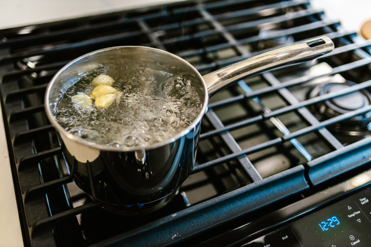 Pot of boiling water and garlic