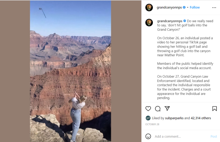 A day after influencer Katie Sigmond posted a video of herself playing golf on the South Rim of the Grand Canyon, the National Park Service announced she had been identified and charged for the stunt.