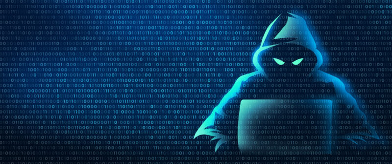 Hacker in binary code digital background.  Cyber ​​crime and internet privacy hacking.  Network security, cyber attack, computer virus, ransomware and malware concept.  2D illustration.