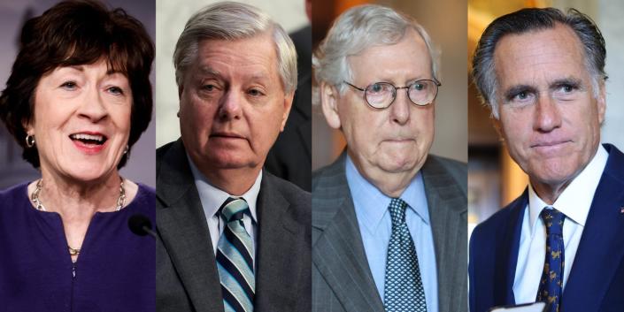 Republican Senator Susan Collins of Maine, Lindsey Graham of South Carolina, Mitch McConnell of Kentucky, and Mitt Romney of Utah.