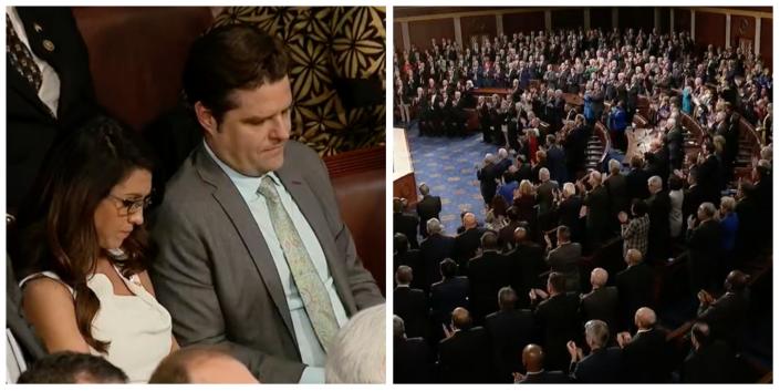 A composite image of Representatives Lauren Boebert and Representative Matt Gaetz seated and congressmen giving President Volodymyr Zelenskyy a standing ovation.