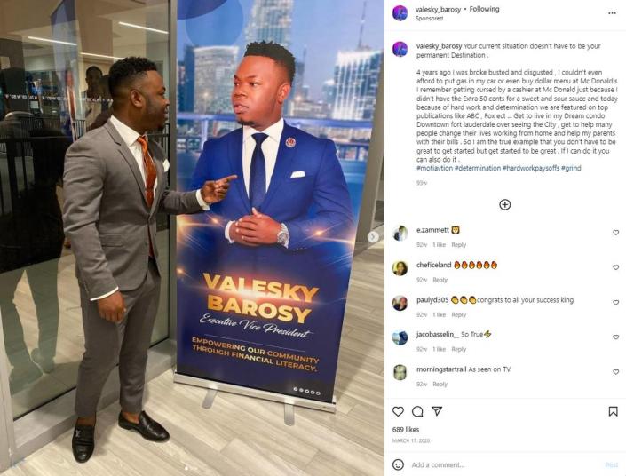 Valesky Barosy, 27, pictured here on his Instagram page, is accused of fraudulently obtaining loans in support of the pandemic to buy a Lamborghini, among other things.