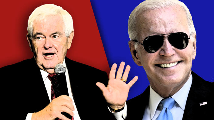 Former House Speaker Newt Gingrich speaks into a microphone with one hand raised, and President Biden smiles and wears sunglasses.