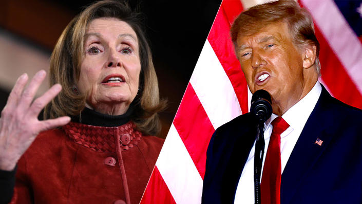 A split image with pictures of Nancy Pelosi and Donald Trump.