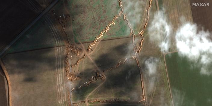 Close-up of Russian trenches and tank obstacles in Novotroitsky, Ukraine, captured on November 15, 2022.