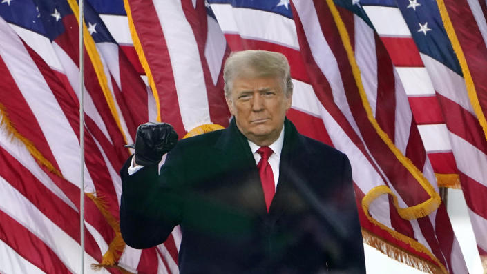 Then-President Donald Trump gestures as he arrives to speak at a rally in Washington on Jan. 6, 2021. (Jacquelyn Martin/AP)