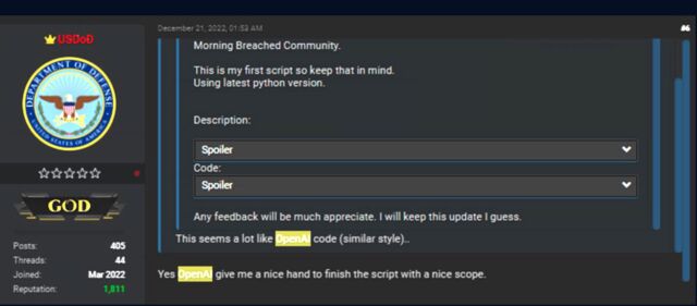 A screenshot of a forum member discussing code generated with ChatGPT.