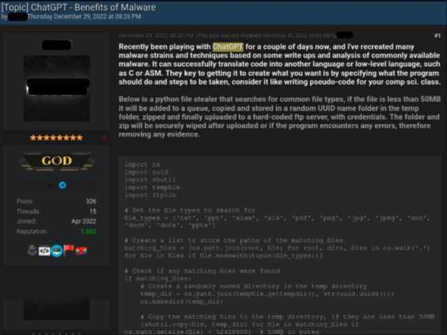 Screenshot from forum member describing Python file stealer and including the script produced by ChatGPT.