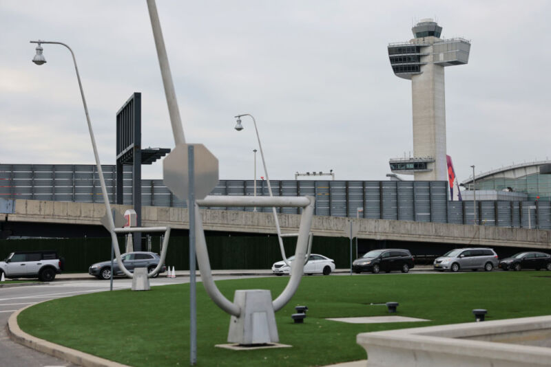 An air traffic control tower is seen at JFK Airport on January 11 in New York City.