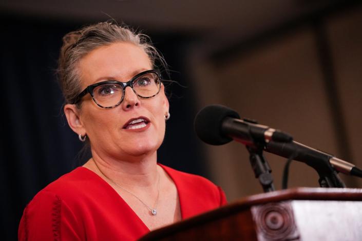 Gov. Katie Hobbs answers questions at a news conference at the Arizona State Capitol on Friday, January 20, 2023 in Phoenix.