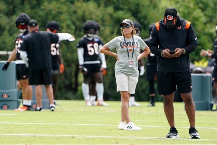 Cincinnati Bengals Executive Vice President Katie Blackburn observes practice during Cincinnati Bengals training camp practice Monday, August 1, 2022, on the practice fields adjacent to Paul Brown Stadium in Cincinnati.