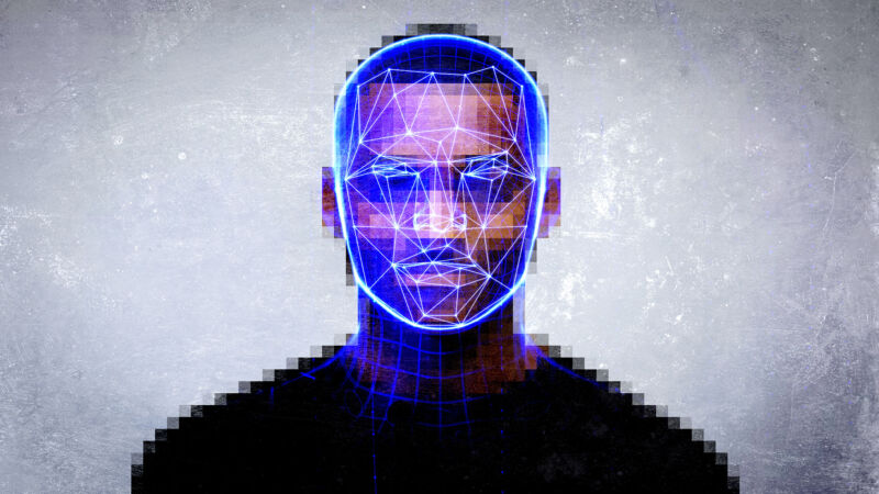 Photo illustration shows lines on a black man's face representing a facial recognition system.