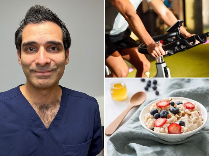 Ali Haider split image with fitness bike and oatmeal porridge