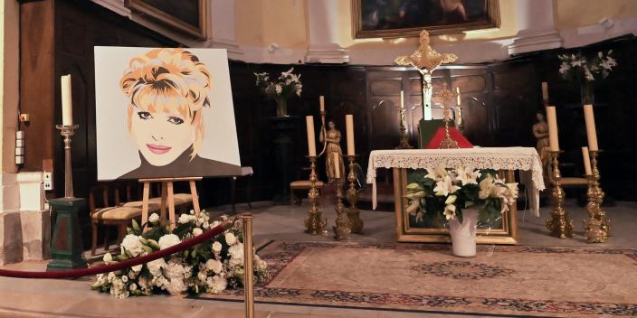 SAINT TROPEZ, FRANCE - AUGUST 09: A general view of the atmosphere during the mass in memory of Ivana Trump (with her portrait by painter Sacha) in the Church of the Assumption in Saint Tropez on August 09, 2022 in Saint Tropez, France.  (Photo by Foc Kan/WireImage)