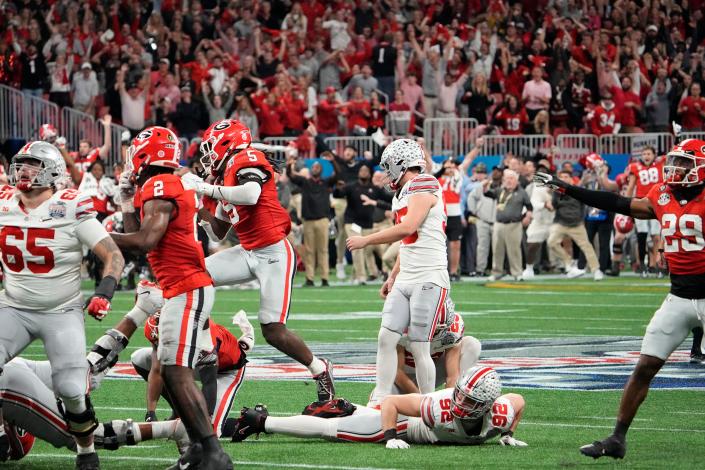 December 31, 2022;  Atlanta, Georgia, USA;  Ohio State Buckeyes' place kicker Noah Ruggles (95) misses a 50-yard field goal in the closing seconds of the second half of the Peach Bowl against the Georgia Bulldogs in the College Football Playoff Semifinals at Mercedes-Benz Stadium.  Mandatory credit: Adam Cairns-The Columbus Dispatch