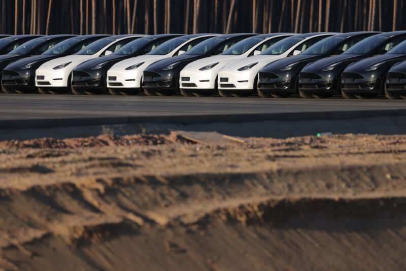 Newly completed Tesla Model Y electric cars are on display at the new Tesla Gigafactory electric car factory near Gruenheide, Germany on March 21, 2022.