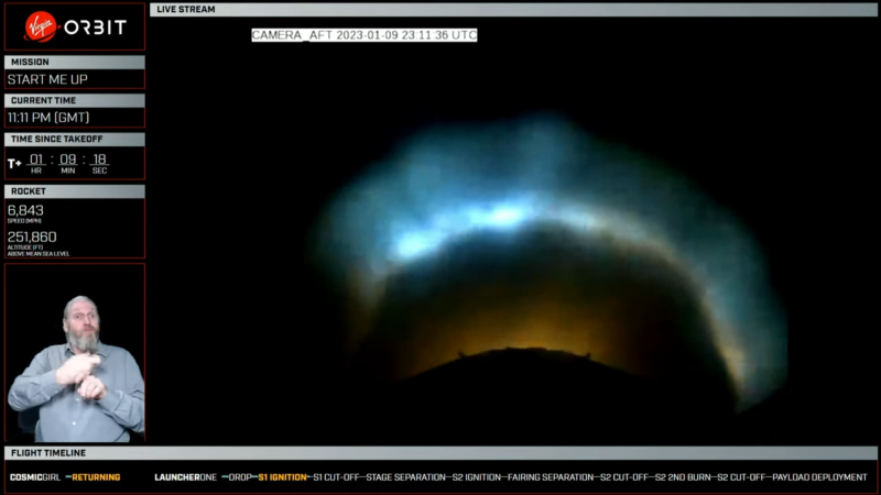 A screenshot from Virgin Orbit's webcast showing the rocket's main engine nominally firing.