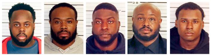 This combination of booking images from the Shelby County Sheriff's Office shows, from left, Tadarrius Bean, Demetrius Haley, Emmitt Martin III, Desmond Mills, Jr.  and Justin Smith.  The five former Memphis police officers have been charged with manslaughter and other crimes in the arrest and death of Tire Nichols, a black motorist who was killed three days after a confrontation with officers during a traffic stop.  26, 2023. (Shelby County Sheriff's Office via AP) ORG XMIT: TNHO202