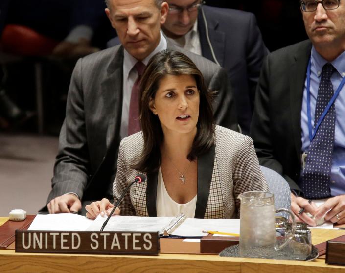 U.S. Ambassador to the United Nations Nikki Haley speaks during a Security Council meeting on escalating tensions between Ukraine and Russia at United Nations Headquarters, Monday, November 26, 2018.