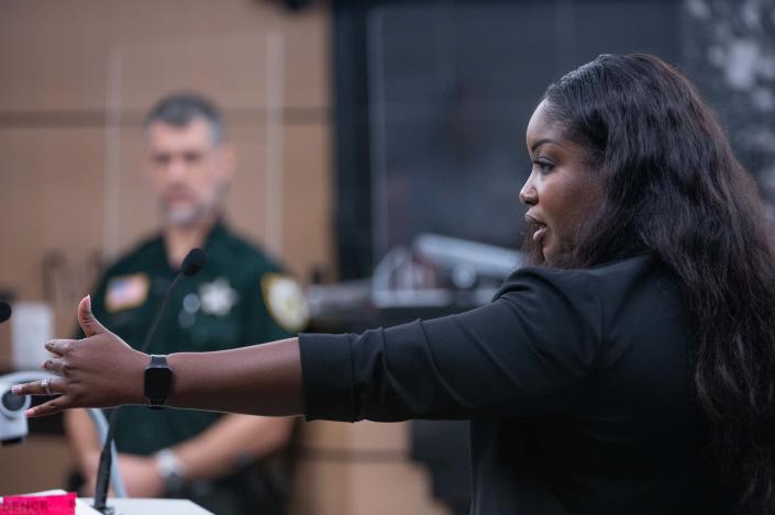 Assistant State Attorney Francine Edwards is seen cross-examining Wellington resident Robert Finney at Finney's trial at the Palm Beach County Courthouse on Monday, November 21, 2022 in downtown West Palm Beach, FL.  Finney is on trial for first-degree murder in a 2018 West Palm Beach murder trial. He unsuccessfully tried to have the charges dismissed under Florida's "stand your ground"  law.