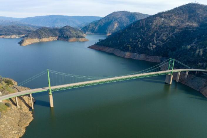 OROVILLE, CA - February 8, 2023: Bidwell Bar Bridge at Lake Oroville on Wednesday February 8, 2023 in Oroville, CA.  (Brian van der Brug/Los Angeles Times)