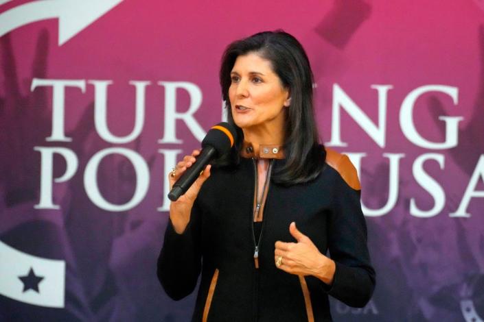 Former UN Ambassador and former Governor of South Carolina Nikki Haley speaks at an event sponsored by Turning Point USA at Clemson University, on November 29, 2022, in Clemson, SC