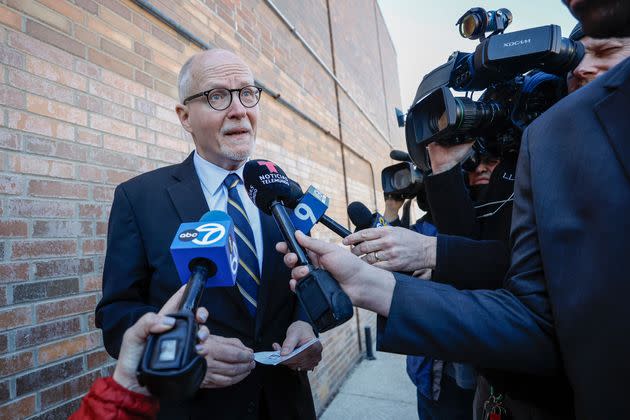 Chicago mayoral candidate and former Chicago Public Schools CEO Paul Vallas speaks with the media member after casting his vote on February 28, 2023.