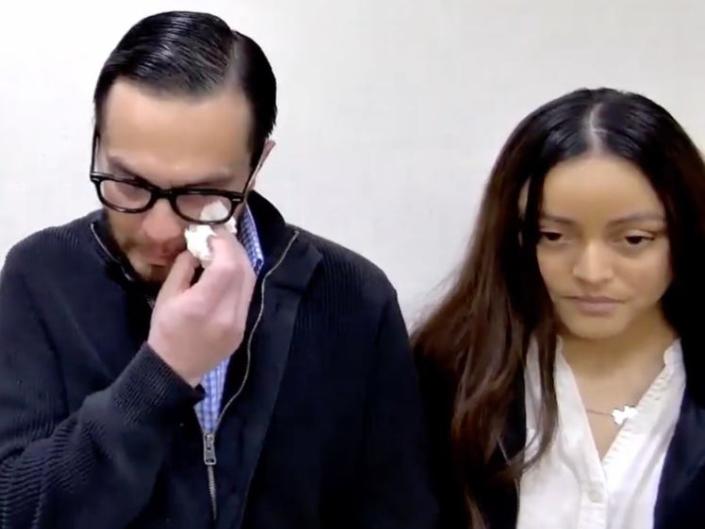 Jason and Melissa Diaz appear emotional at their press conference, as Jason dabs his eyes