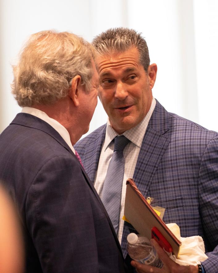 Dick Harpootlian and Eric Bland speak at Alex Murdaugh's murder trial at Colleton County Courthouse on Thursday, February 9, 2023.  Andrew J. Whitaker/The Post and Courier/Pool